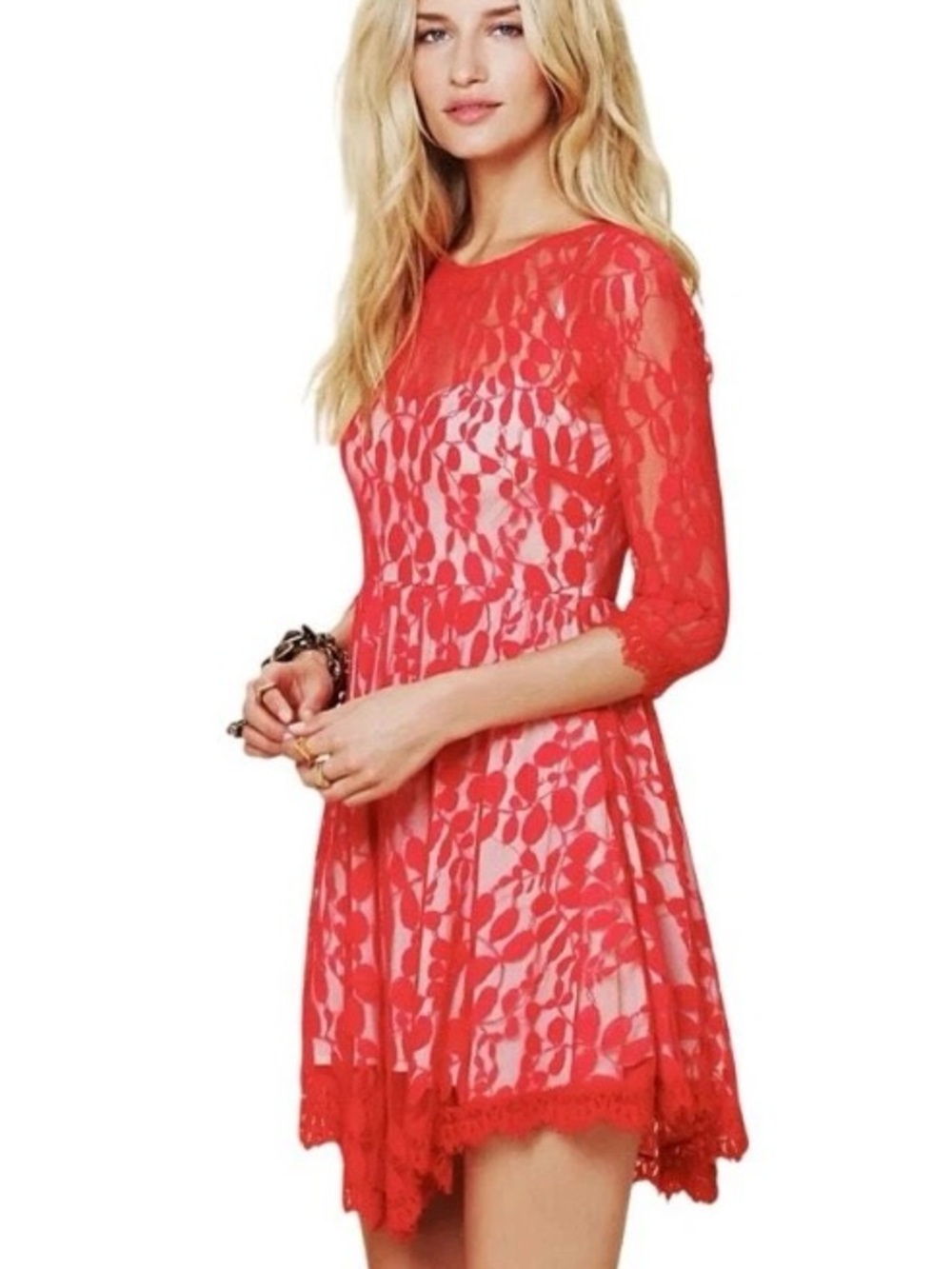 Free People Floral Mesh Lace Dress Red Embroidered Women’s 6
